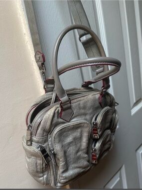 MZ Wallace Neutral Linen Shoulder Bag with Red Trim
